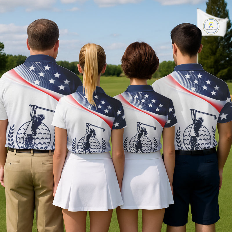 American Flag White Men Golf Polo Shirts Custom Patriotic Mens Golf Top, Golf Gifts NBT547