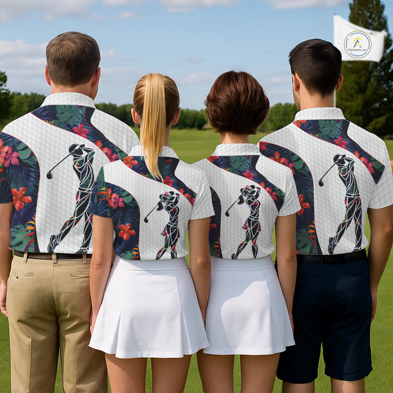 Custom Name Colorful Tropical Pattern Golf Men's Polo Shirt, White Golf Shirt, Team Golf Top NBT498