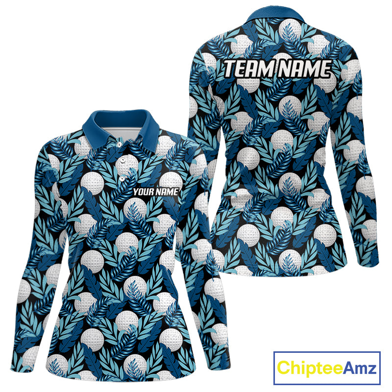 Custom Black Blue Tropical Golf Ball Pattern Womens Polo Golf Shirts, Golf Gifts For Team NBT964