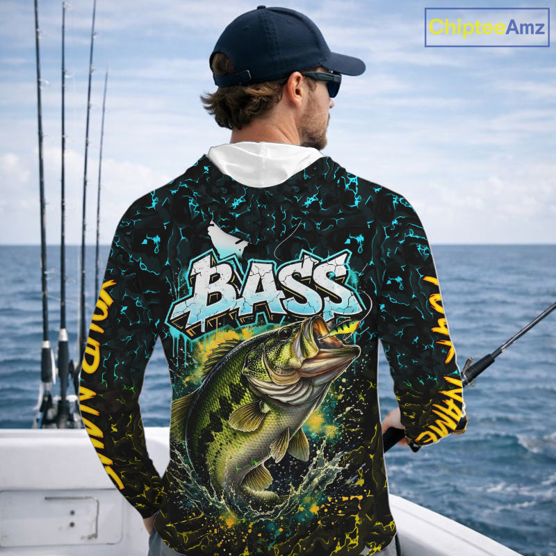 Personalized Neon Color Bass Long Sleeve Hooded Fishing Shirts, Largemouth Bass Fishing Jerseys For Men NBT668