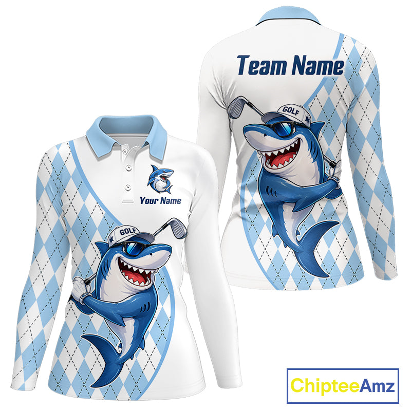 Funny Womens Golf Polo Shirt Argyle Pattern Custom Name Shark Playing Golf Shirt Golf Gifts NBT951