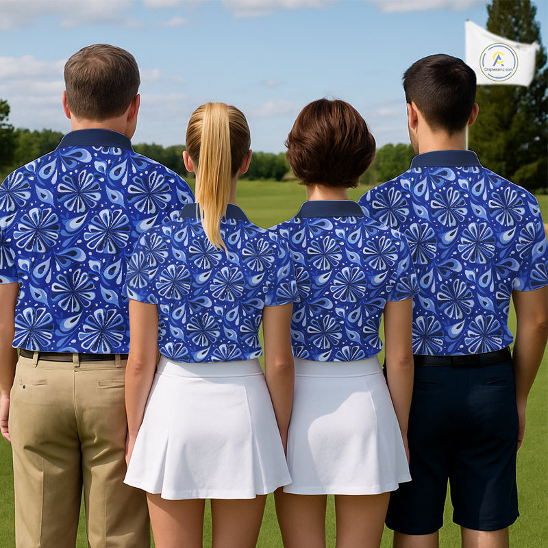 Mens Golf Polo Shirts Custom Name Blue Geometric Floral Pattern, Team Golf Shirt NBT512