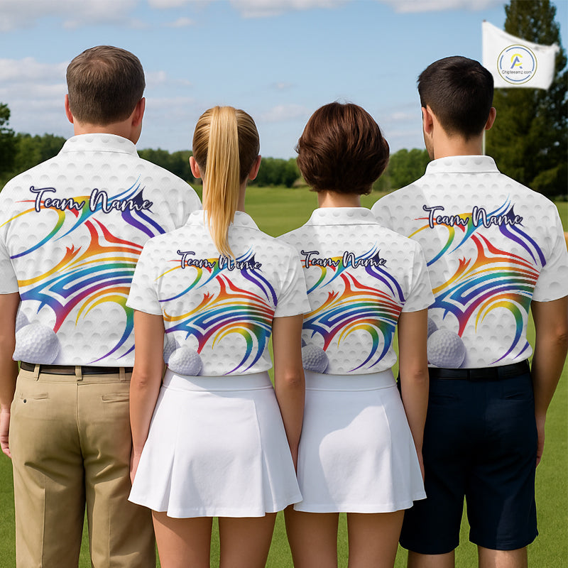 Rainbow Color Mens Golf Polo Shirts Golf Ball Pattern Custom Name, White Golf Shirt For Men NBT545