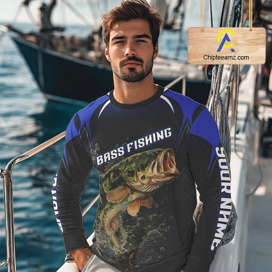 Custom Largemouth Bass Fishing Blue Custom Name Long Sleeve Jerseys, Bass Fishing Tournament Shirts NBT357
