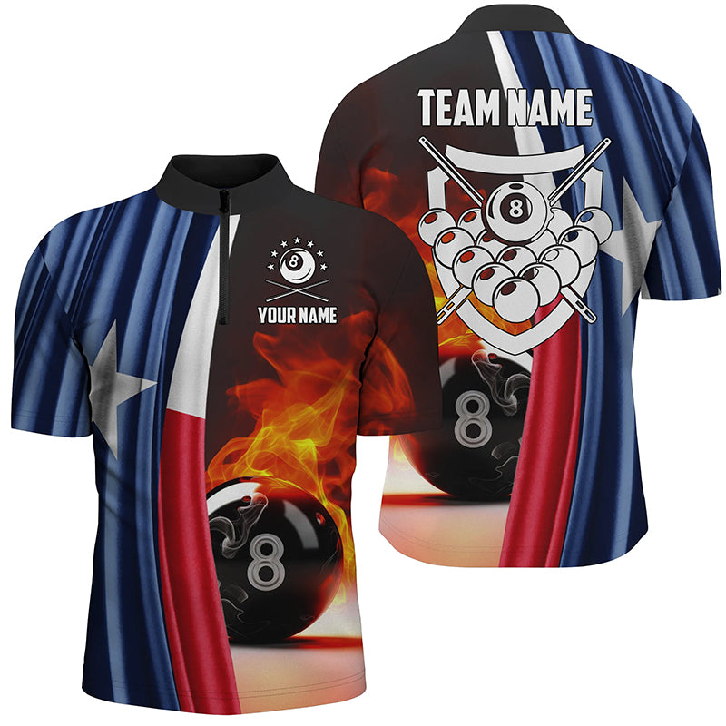 Personalized Fire 8 Ball Pool Billiard 3D Quarter-Zip Shirts For Men, Texas Flag Billiards Jerseys VHM0691