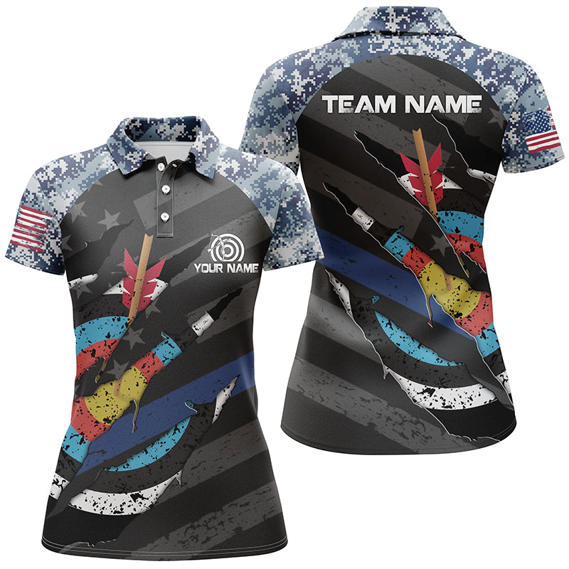 Personalized Retro Camo Target Archery 3D Polo Shirts For Women, Custom US Flag Archery Jerseys VHM0595