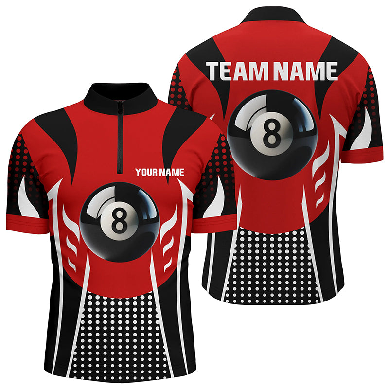 Personalized Red Black 8 Ball Billiard 3D Quarter-Zip Shirts For Men, Billiards 8 Ball Pool Jerseys VHM1037