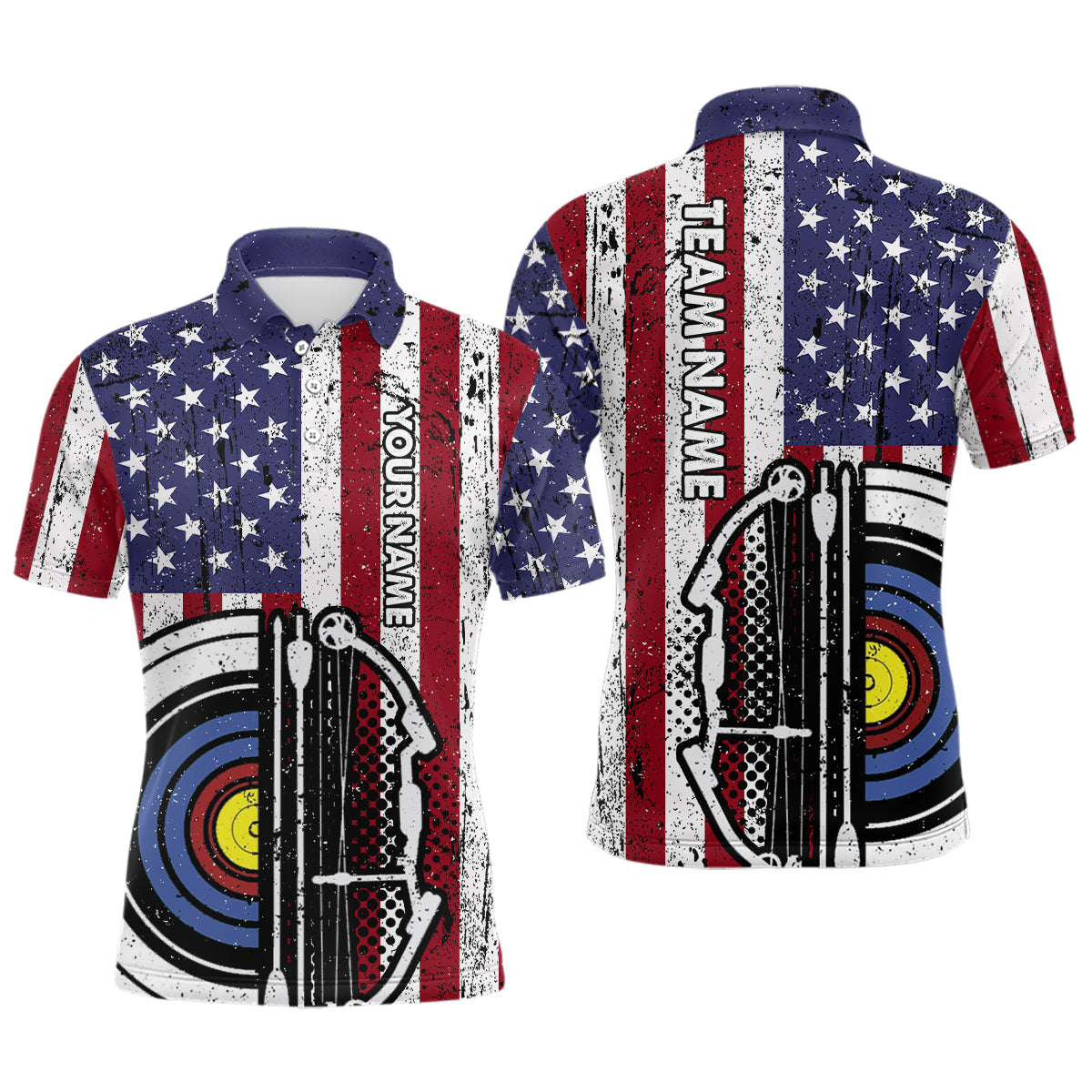 Personalized Retro American Flag 3D Target Archery Polo Shirts For Men, Custom Archery Team Shirts VHM0679