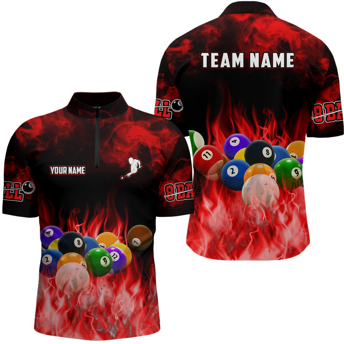 Personalized Billiard Balls Flame Billiard Red Quarter-Zip Shirts For Men, 8 Ball Pool Jerseys VHM0517