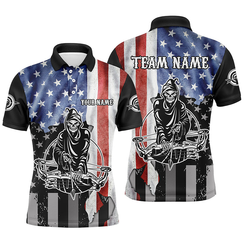 Skeleton Playing Archery Custom US Flag Polo Shirts For Men, Unique Archery Shirts For Archers TDM0520