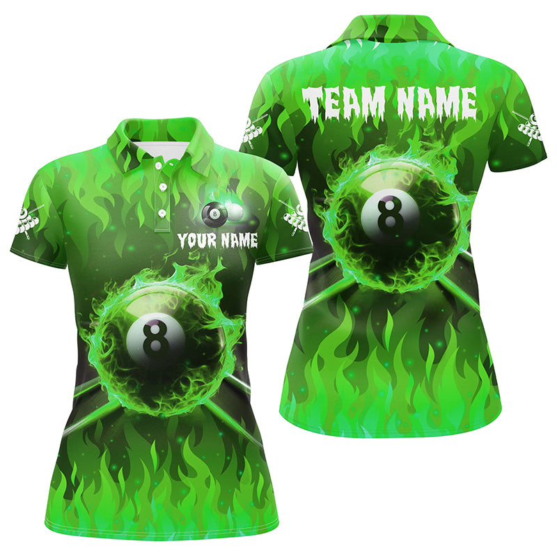 Personalized 3D 8 Ball Pool Fire Women Polo Shirts Custom Billiard Apparel Jerseys |Green TDM1435