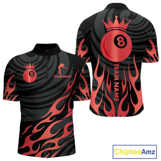 Custom Crown 8 Ball Billiard Shirt For Men, Black And Red Pool Team Jersey Polo & Quarter Zip TDM5458