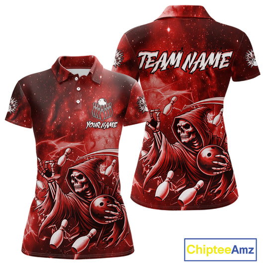 Funny Red Grim Reaper Galaxy Bowling Shirt For Women Custom Bowling Team Jersey Polo & 1/4 Zip TDM6078