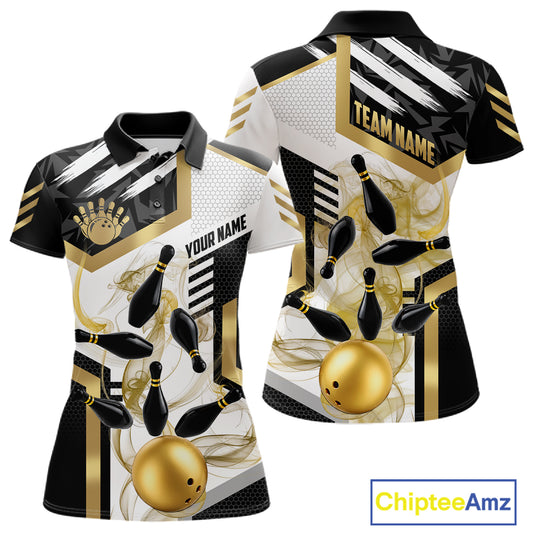 Custom Smoke Bowling Pins Polo & Quarter Zip Shirt For Women, Bowling League Team Jersey |Gold TDM6521