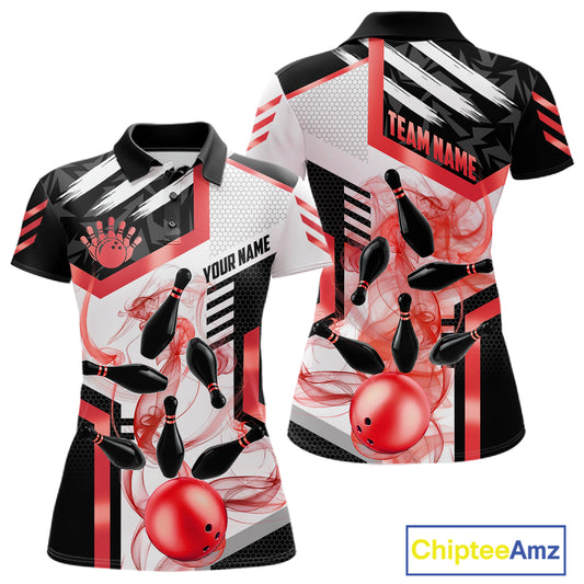 Custom Smoke Bowling Pins Polo & Quarter Zip Shirt For Women, Bowling League Team Jersey |Red TDM6523