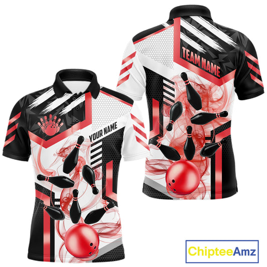 Custom Smoke Bowling Pins Polo & Quarter Zip Shirt For Men, Bowling League Team Jersey |Red TDM6523