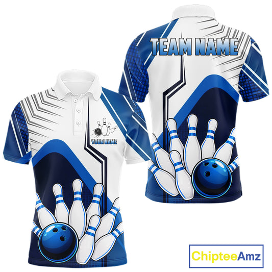 Custom White And Blue Bowling Ball Polo & Quarter Zip For Men, Bowling Team Shirts, Bowling Jersey TDM6525