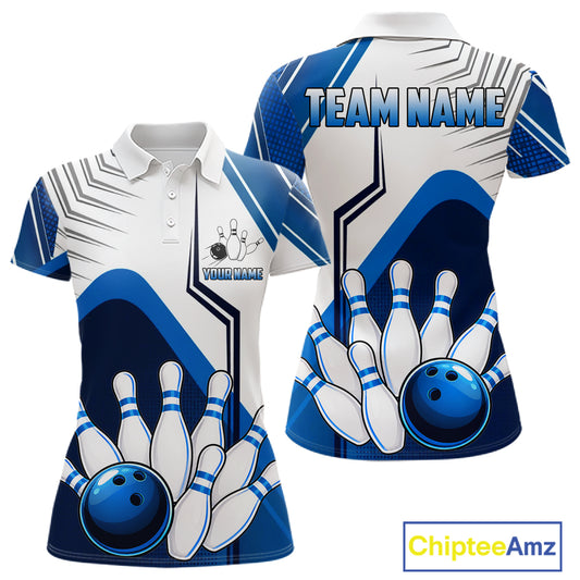 Custom White And Blue Bowling Ball Polo & Quarter Zip For Women, Bowling Team Shirts, Bowling Jersey TDM6525