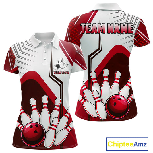 Custom White And Red Bowling Ball Polo & Quarter Zip For Women, Bowling Team Shirts, Bowling Jersey TDM6526