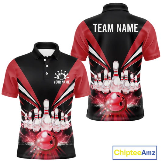 Black And Red Bowling Jersey For Men Custom Strike Lightning Bowling Team Jersey Polo & 1/4 Zip TDM6357