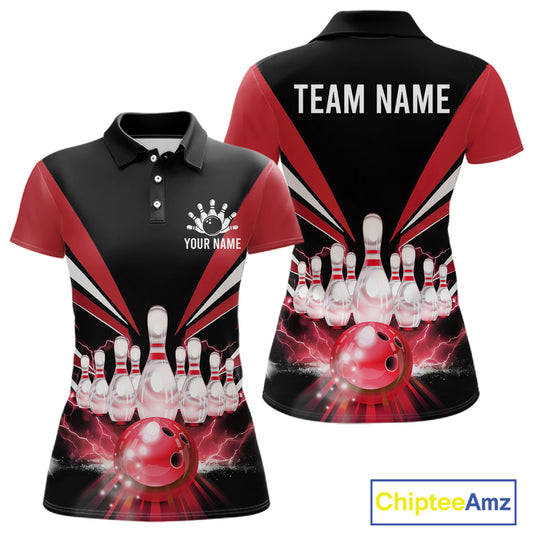 Black And Red Bowling Jersey For Women Custom Strike Lightning Bowling Team Jersey Polo & 1/4 Zip TDM6357