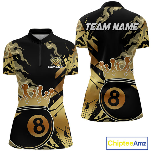 Personalized Golden 8 Ball Crown Billiard Shirt For Women, Pool King Team Jerseys Polo & 1/4 Zip TDM4236
