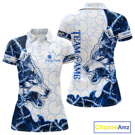 Personalized Blue Thorny Camo Wolf Bowling Shirt For Women Custom Bowling Team Jersey Polo & 1/4 Zip TDM6391