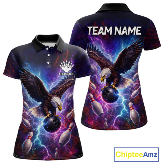 Custom Colorful Thunder Lightning Eagle Bowling Shirt For Women, Bowling Team Jersey Polo & 1/4 Zip TDM6158