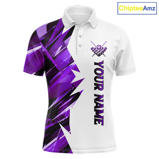 White billiard polo shirt with purple and black designs on front and back, featuring an 8 ball graphic, "Team Name" and "Your Name" text, custom pool team jersey design