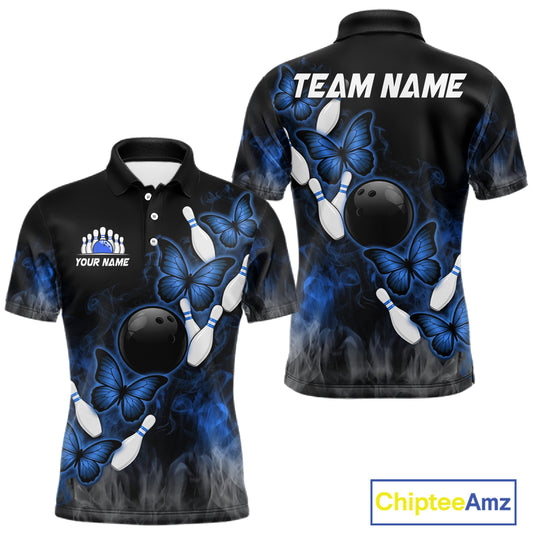 Black And Blue Custom Butterfly Bowling Shirt For Men, Smoke Bowling Team Jersey Polo & 1/4 Zip TDM6424