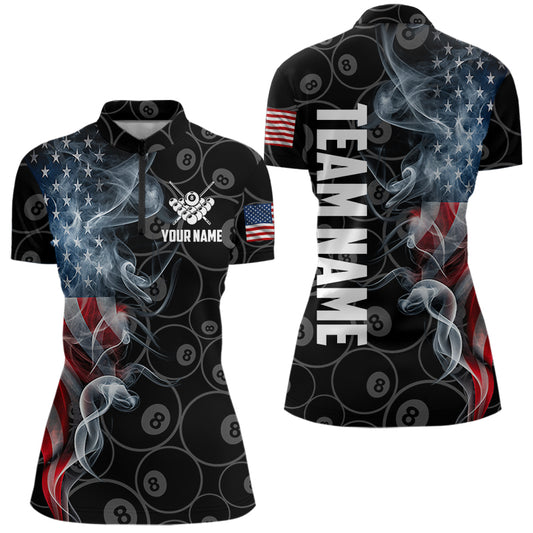 Personalized Smoke US Flag 8 Ball Pool Billiard Polo, 1/4 Zip For Women Team American Billiard Jersey TDM3662