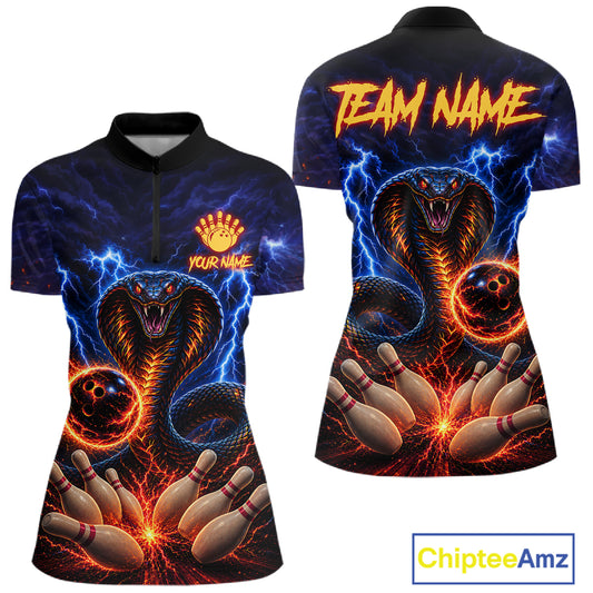 Blue lightning cobra bowling quarter zip shirt for women, custom bowling league jersey.