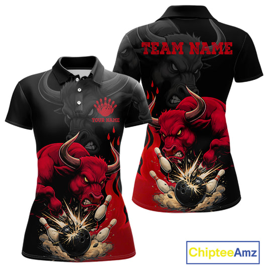 Black And Red Funny Bull Bowling Shirt For Women Custom Bowling Team Jersey Polo & Quarter Zip TDM6242