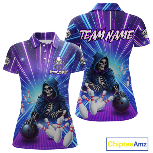 Funny Grim Reaper Blue Purple Neon Bowling Shirt For Women Custom Lighting Bowling Team Jersey TDM5863