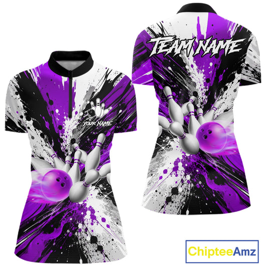 Purple splatter bowling ball and pins bowling quarter zip shirt for women designed for tournaments and league play.