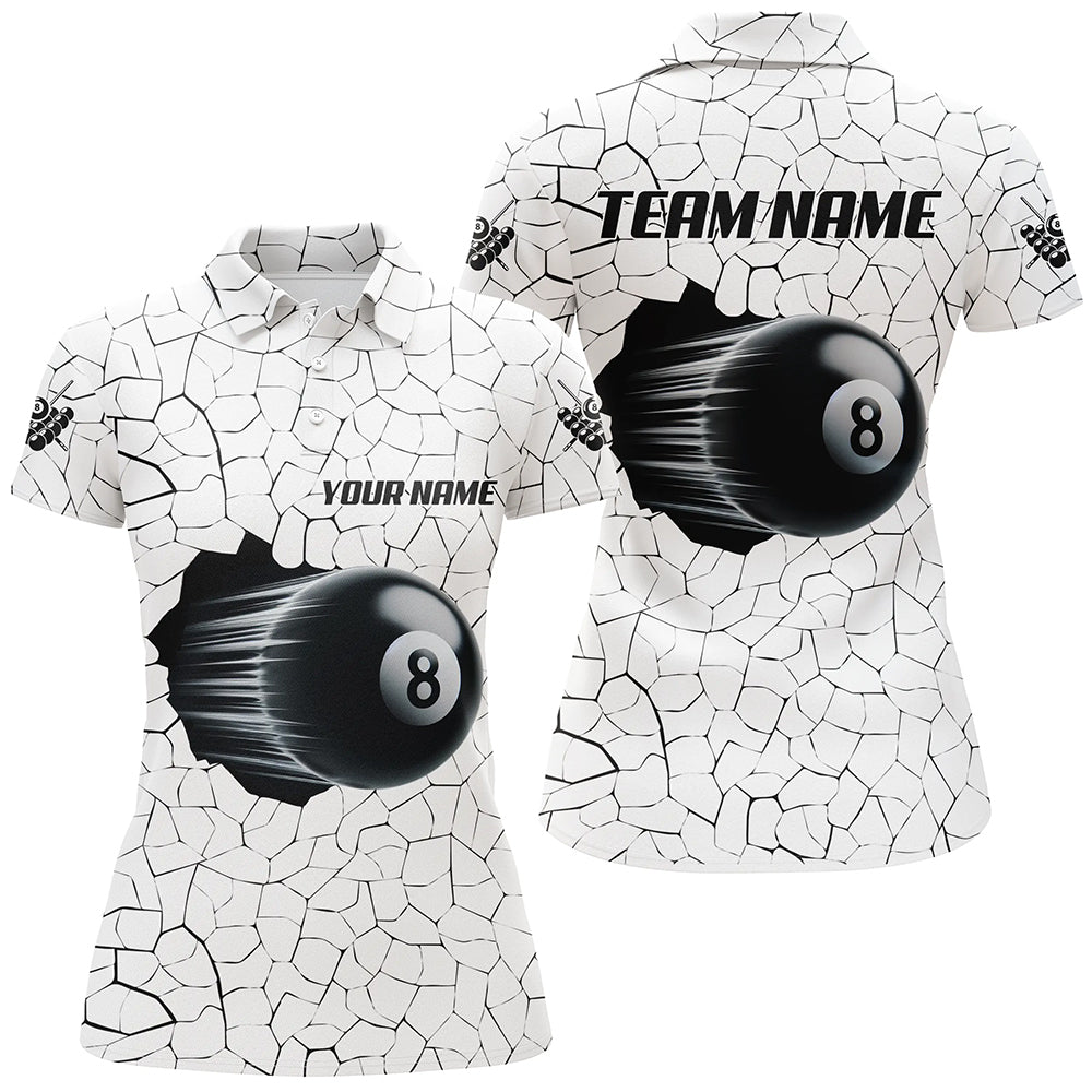 8 Ball Pool White Crack Pattern Personalized Women Billiard Polo Shirt, Funny Billiard Shirts TDM1076