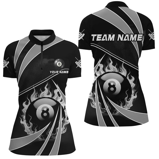 Personalized Grey And Black 8 Ball Pool Fire Custom Billiard Shirt For Women, Billiard Apparel Jersey TDM1974