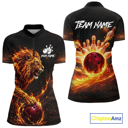 Personalized Fire Flame Lion Bowling Jersey For Women Custom Bowling Team Shirt Polo & 1/4 Zip TDM6115