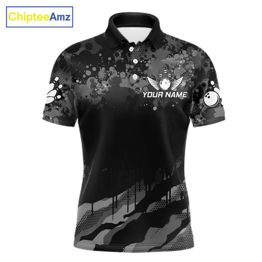 Custom Black And Grey Camo Bowling Shirt For Men, Grunge Bowling Team Jersey Polo & 1/4 Zip TDM6543