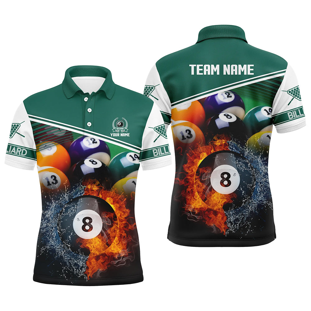 Custom Name Billiard 8 Ball In Fire And Water 3D Polo Shirts For Men, Gifts For Billiard Player TDM0160