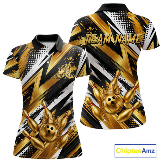 Custom Black And Gold Bowling Jersey For Women, Crown Bowling Team Shirts Polo & Quarter Zip Shirts TDM6570