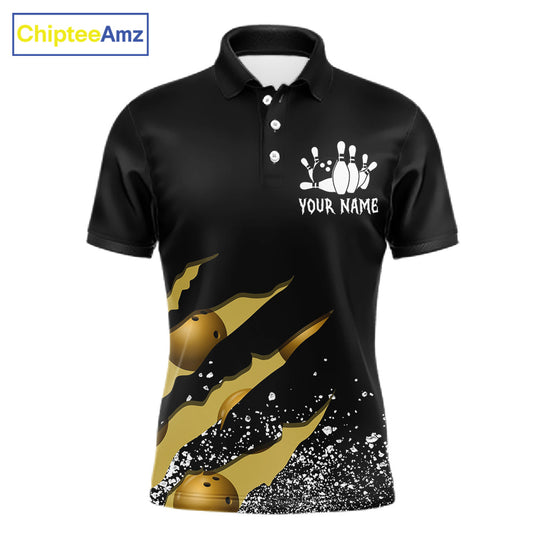 Yellow black grunge scratch bowling team polo shirt for men with custom league and tournament graphics.