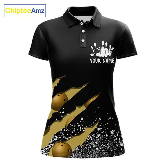 Yellow black grunge scratch bowling team polo shirt for women with custom league and tournament graphics.