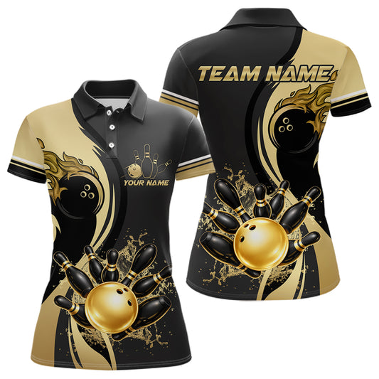 Custom Black And Gold Splatter Bowling Shirt For Women, Bowling League Jerseys Team Polo & 1/4 Zip TDM6417