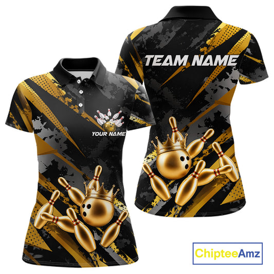 Bowling-themed polo shirt for women with gold bowling pins and crown design on a black background, featuring customizable "Your Name" and "Team Name" text for a personalized look.