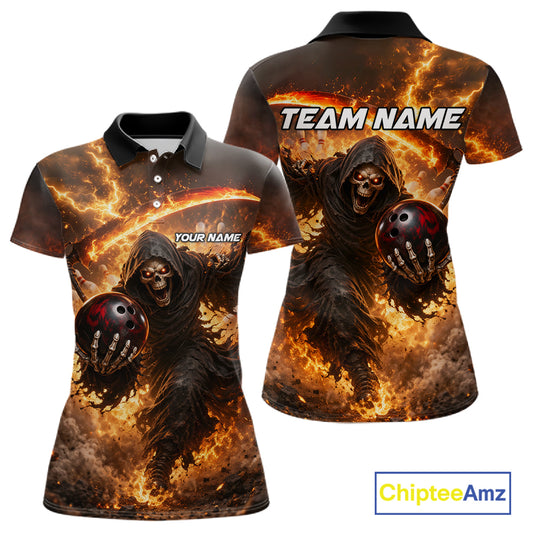 Orange Grim Reaper Fire Smoke Bowling Jersey For Women Custom Bowling Team Shirt Polo & 1/4 Zip TDM6233