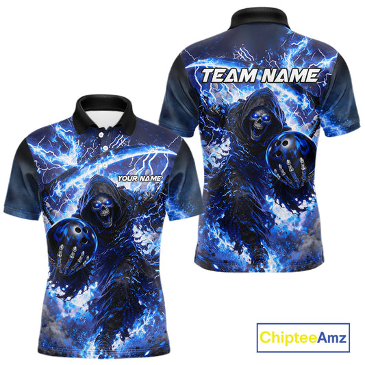 Blue Grim Reaper Fire Smoke Bowling Jersey For Men Custom Bowling Team Shirt Polo & 1/4 Zip TDM6234
