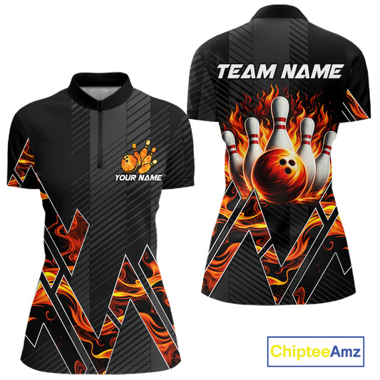 Personalized Fire Flame Bowling Jersey For Women Custom Bowling Team Shirt Polo & 1/4 Zip |Orange TDM6238
