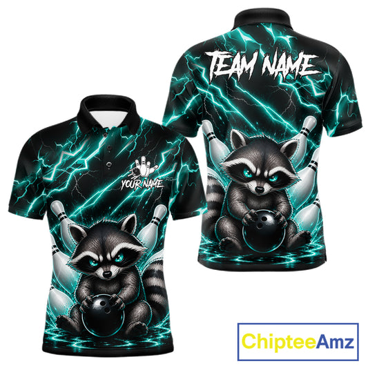 Turquoise neon lightning raccoon bowling polo shirt for men with custom bowling team graphics.