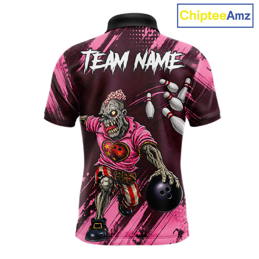 Custom Pink Funny Zombie Bowling Shirt For Men, Bowling Team League Jersey Polo & Quarter Zip TDM6500